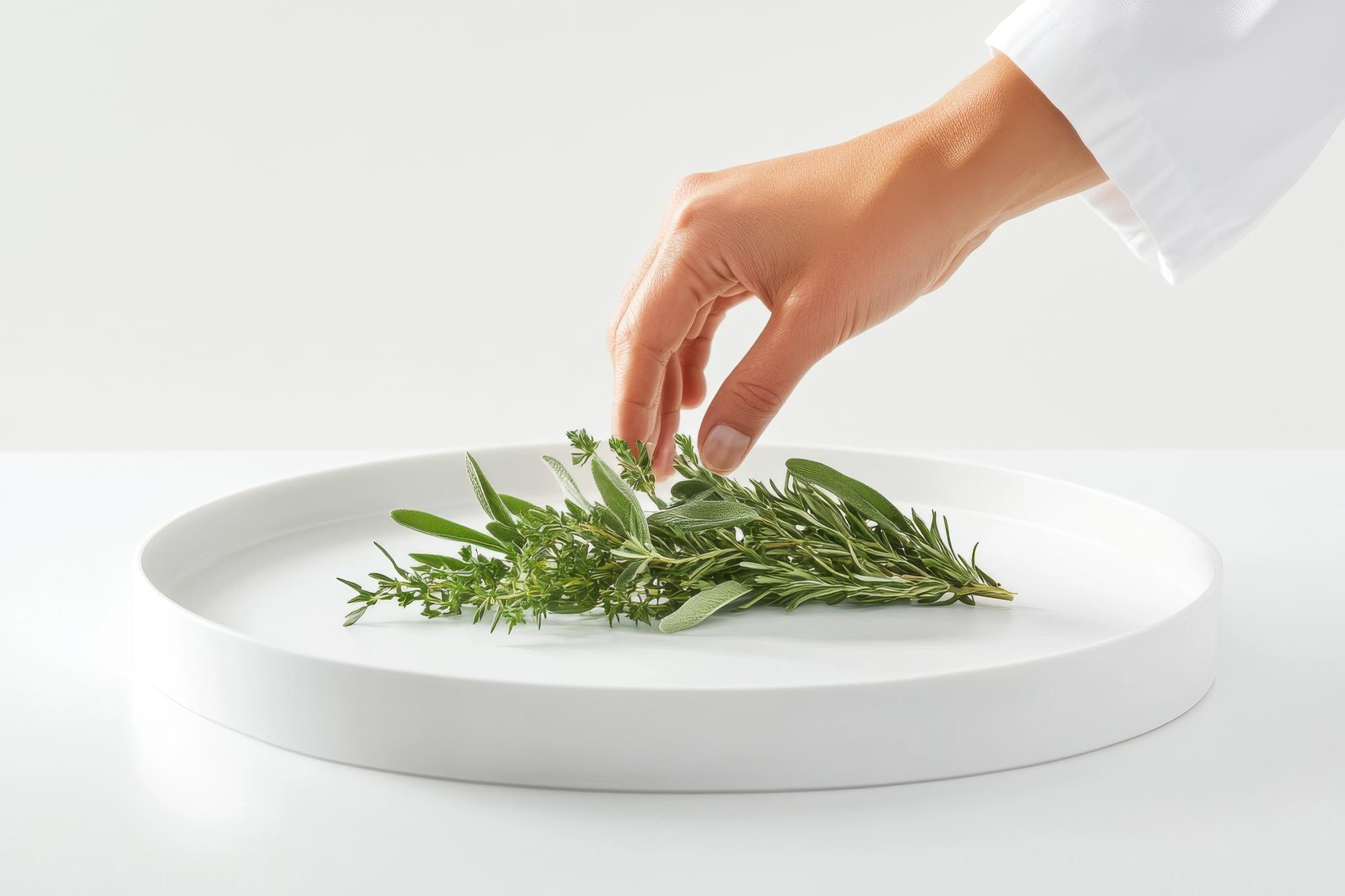 Hands arranging herbs on a dish