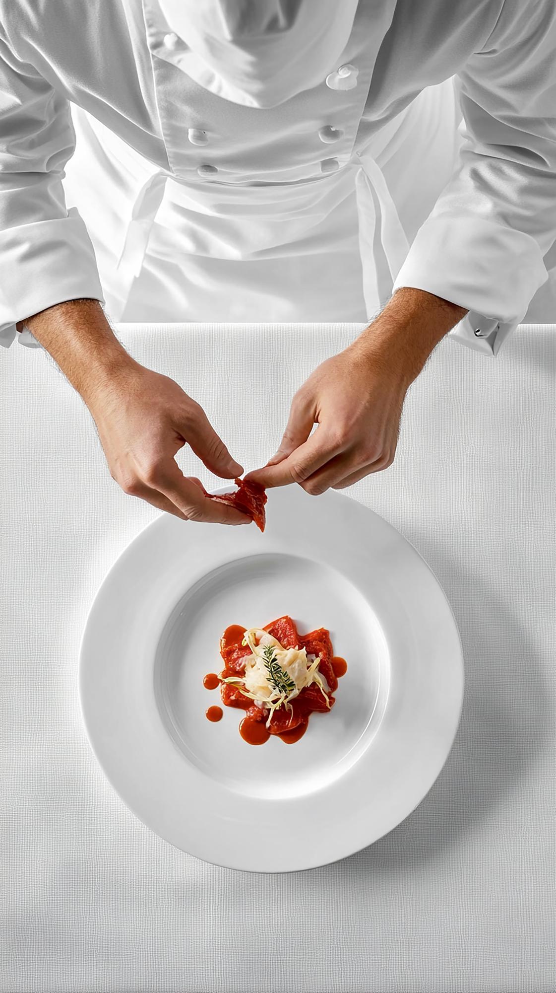 Chef demonstrating a plated dish in a refined kitchen